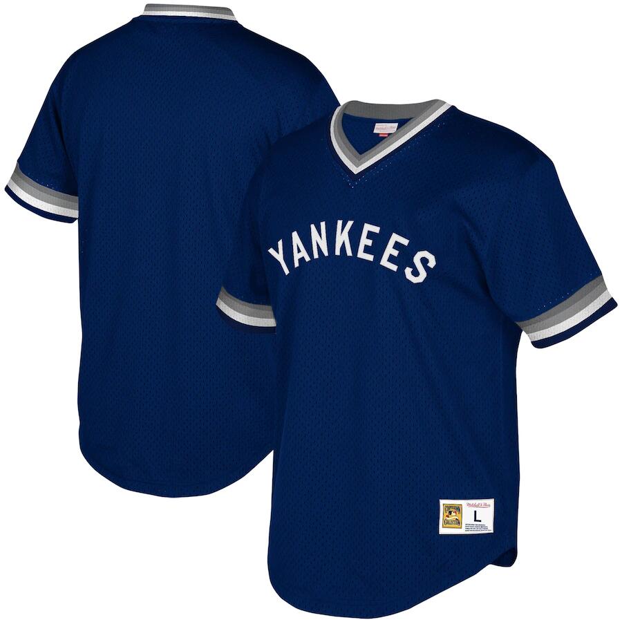 Men's New York Yankees Blue Mitchell & Ness Cooperstown Collection Mesh Wordmark V-Neck Jersey